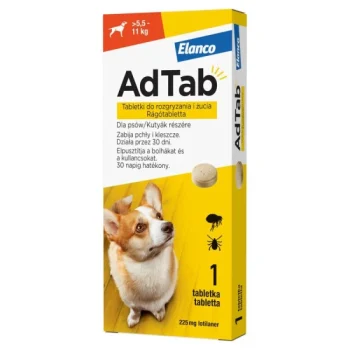AdTab 225mg rágótabletta kutyák részére bolha- és kullancsfertőzöttség kezelésére (>5,5-11 kg)