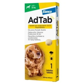 AdTab 450mg rágótabletta kutyák részére bolha- és kullancsfertőzöttség kezelésére (>11-22 kg)