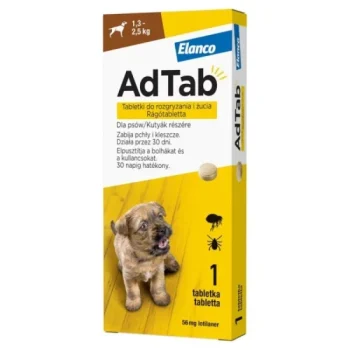 AdTab 56mg rágótabletta kutyák részére bolha- és kullancsfertőzöttség kezelésére  (1,3-2,5 kg)