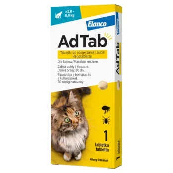 AdTab 48mg rágótabletta macskák részére bolha- és kullancsfertőzöttség kezelésére  (>2-8 kg)